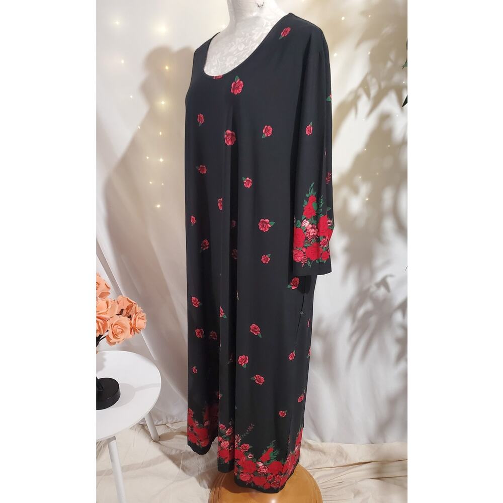 Ulla Popken Floral Rose Scoop Neck 3/4 Sleeve Maxi Dress Size 28/30 Black Red - Picture 2 of 10